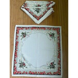 Vintage Set of 6 Square Floral Red Flowers Napkins 15" x 14"